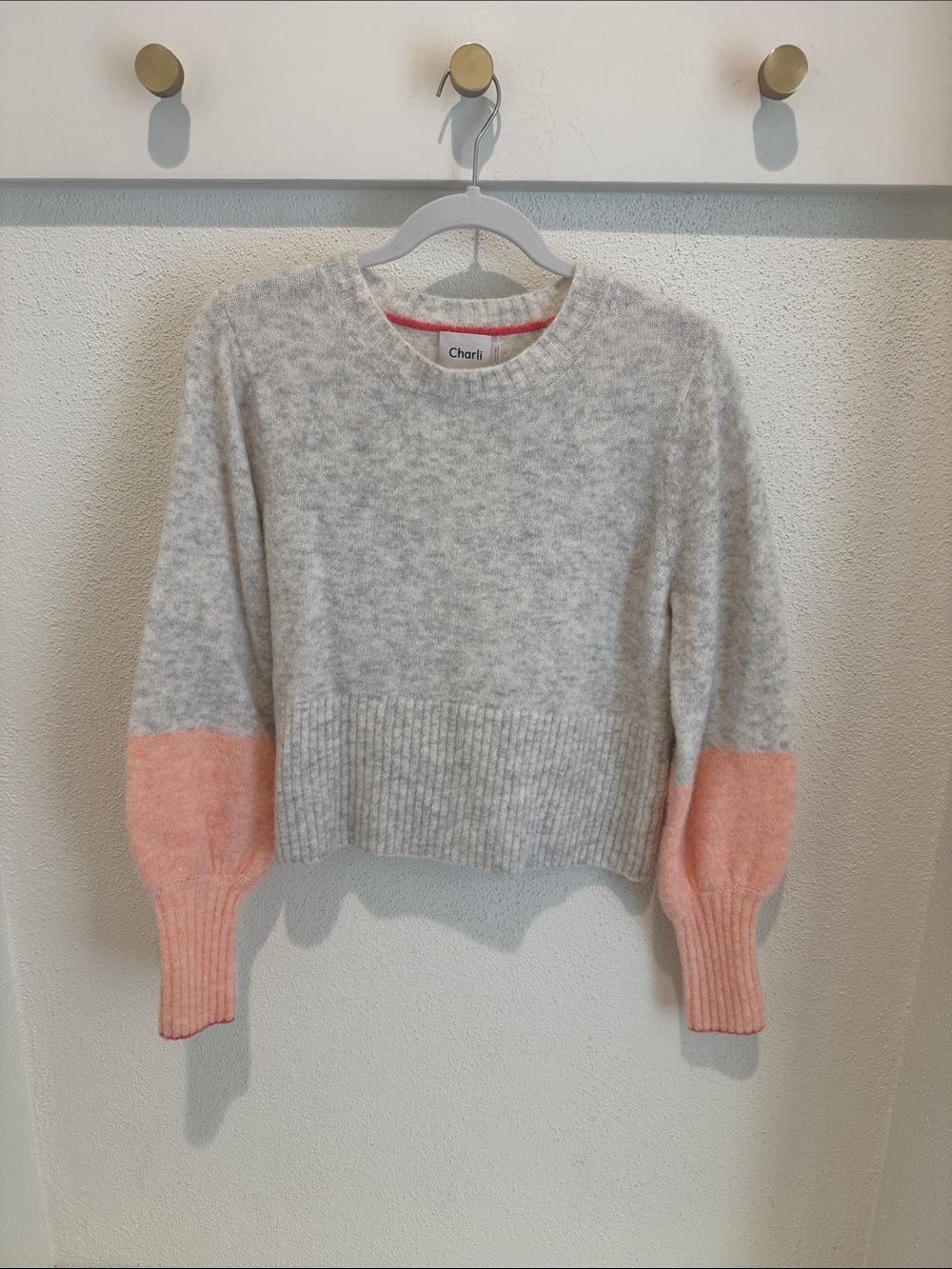 Charli Heather Gray Crewneck Sweater with Pink Colorblock Cuffs